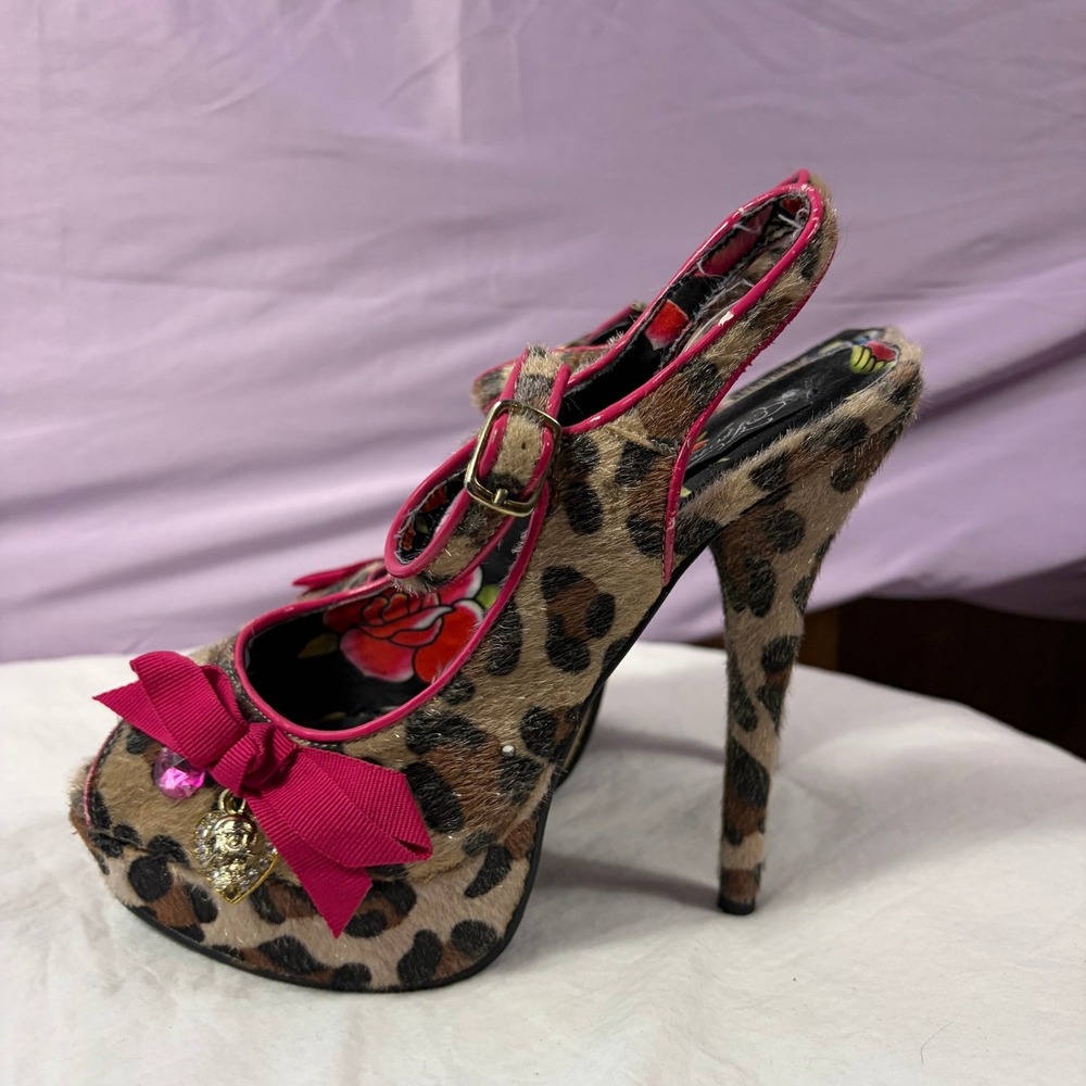 Iron Fist Leopard Print Platform Heels Pink Bow Skull Heart Charm Womens 8
